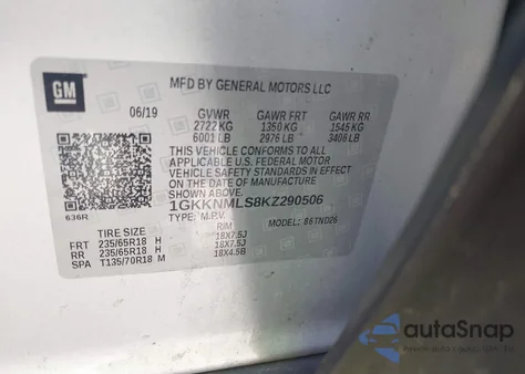 2019 GMC Acadia Slt-1 z USA, uszkodzony, nr VIN 1GKKNMLS8KZ290506